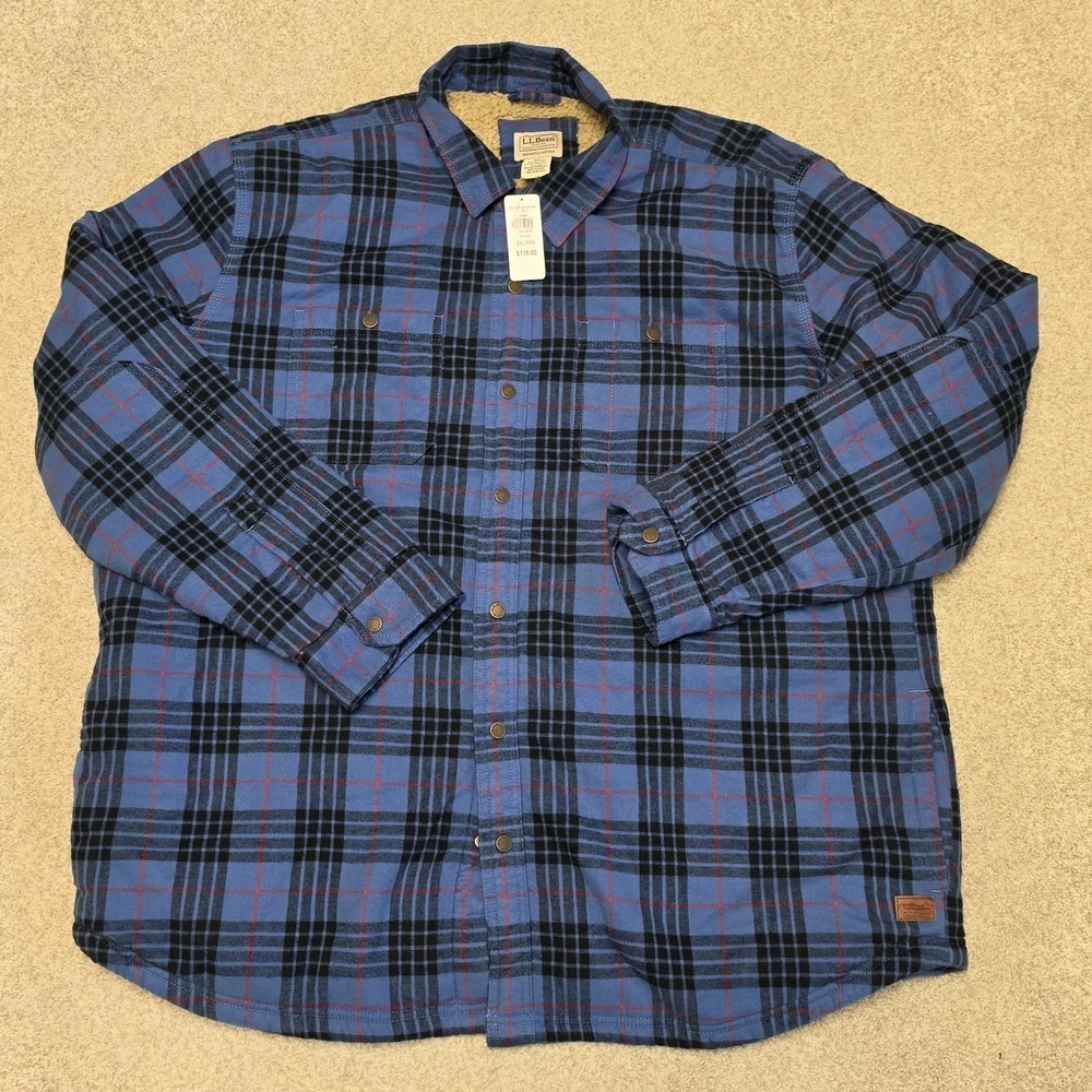L.L. Bean Sherpa Lined Flannel Shirt Jacket Mens XXL Blue Plaid Snap Front NWT
